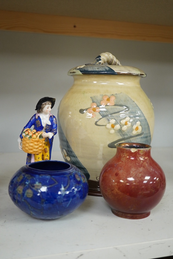 A Royal Lancastrian vase and a Dupuy vase and a Sally Shrimpton studio floral pottery jar and cover, a small group of mixed ceramics to include a Royal Worcester model of a canary, No 2665, a Royal Doulton ‘cat’ group an